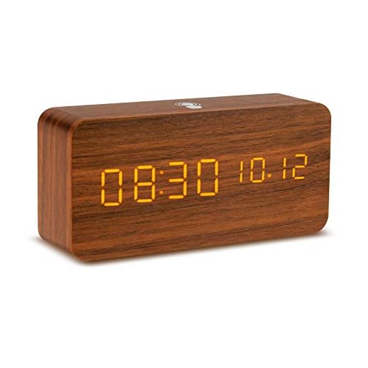 HMFUNTM Alarm Clock with App Control, Wooden LED Digital Alarm Clock Rechargeable,8 Alarm Music,Brightness & Volume Adjustment,Temperature Detect,Sound Control,Snooze,Alarm Clock for Bedroom Bedside