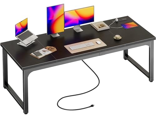 Image of Huuger 63 x 24 inch Desk with Power Outlets & USB-C, Deeper & Thicker Desktop, Robust Metal Tubes, Computer Desk, Heavy Duty Office Desk, Work Gaming Desk, for Home Office, Black