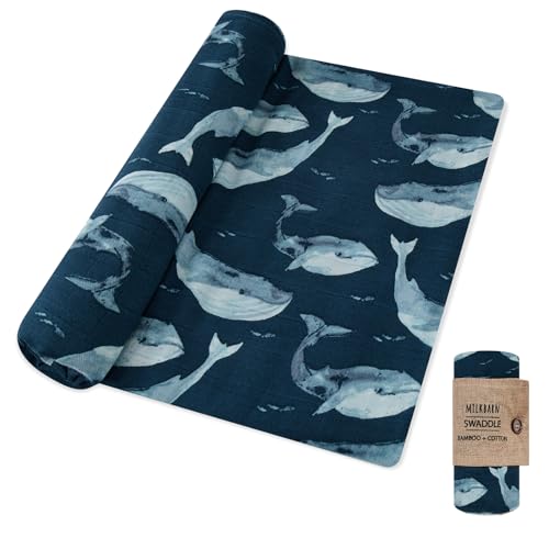 Image of Milkbarn Baby Swaddle Blanket, Rayon from Bamboo Muslin Swaddles for Newborn Girls & Boys, Breathable Infant Swaddles Wrap, Shower & Registry Choice, Newborn Essentials, Blue Whale
