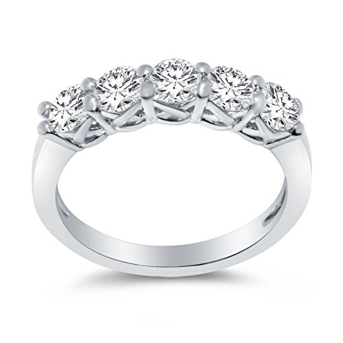 Size - 7 - Solid 925 Sterling Silver 4mm Round Cut Five Stone Anniversary Ring Wedding Band CZ Cubic Zirconia 1.0cttw.