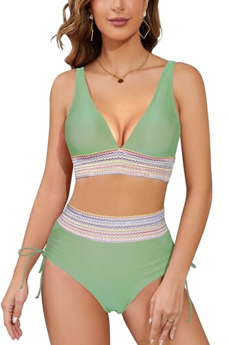 SHEKINI Damen Bikini Sets Bademode, hohe Taille Tummy Control Drawstring Bottom Badeanzug und V Neck Bra Top, 2 Stück Badeanzug (DE/NL/SE/PL, Alphanumerisch, S, Regular, Regular, grün)