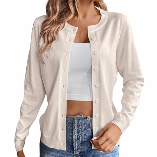 Cardigan d'été léger à manches longues pour femme - Fin et élégant - Col rond - Cardigan ouvert à l'avant - Gilet en tricot classique avec boutons,...