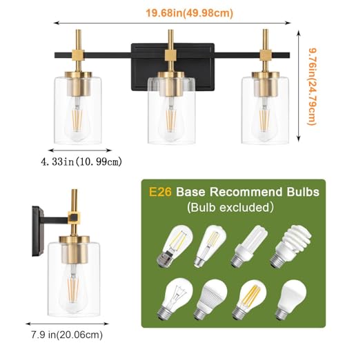 Image of Bathroom Vanity Lights, Black Gold 3 Lights, E26 Socket with Clear Glass Shade, Modern & Vintage Style Vanity Light for Bathroom, Powder Room, Dressing Room