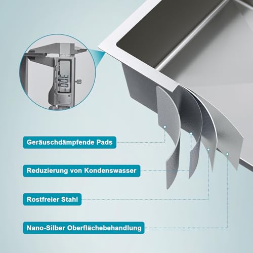 KEOKBON Klein Spüle Nano Silber 25 x 40cm Spülbecken, Kleine Waschbecken Küche ohne Hahnloch, 1 Becken Edelstahl Spüle mit Edelstahl 304 Siebventil und Überlauf, Kitchen Sink