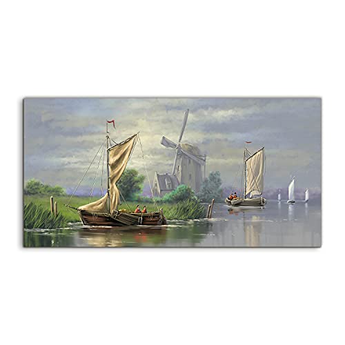 Tableau acrylique salon et chambre au motif de navire et moulin 100x50