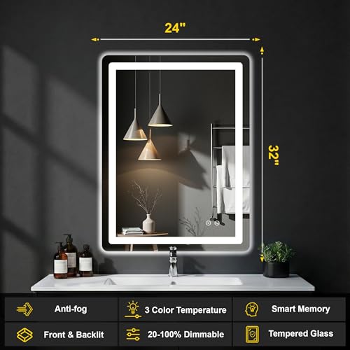 Image of LED Bathroom Mirror with Lights, 24 inchx32 inch Lighted Vanity Mirror for Wall