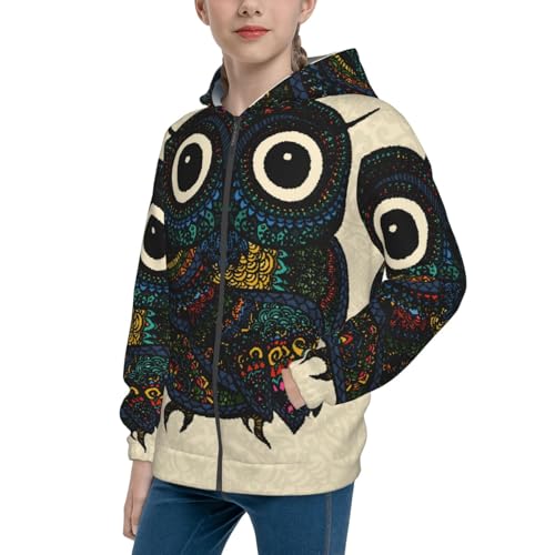 Owl with Mandala Kid Hoodies Boys Zip Up Sweatshirts Girls Pullover with Pocket