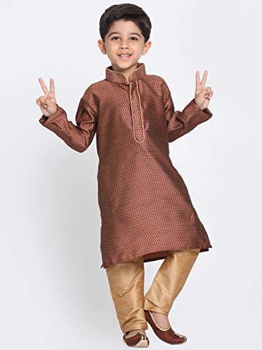 Image of VASTRAMAY Boys' Maroon and Rose Gold Silk Blend Kurta Pyjama Set with Cap-VASBK047MAnPRGnC 30L