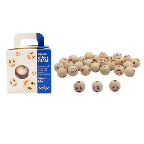 Sodertex - PERLES EN BOIS - VISAGES - 30 perles - ø 22 mm - Loisir créatif - Activité manuelle - Enfant - Non pliable