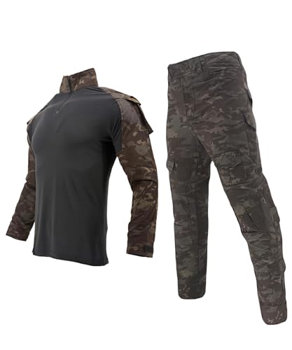 Traje de camuflaje Airsoft para hombres, camisa de combate de paintball de manga larga con cremallera 1/4, pantalones tácticos, traje militar, ropa de caza de camuflaje exterior BDU.., L