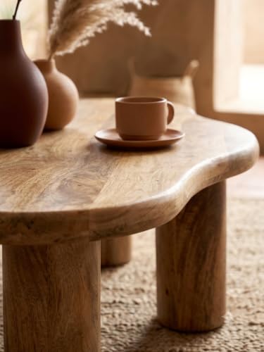 Image of Solid Mango Wood Coffee Table for Living Room | Handcrafted Wooden Center Table with Organic Freeform Top and Sturdy Pedestal Base | Natural Wood Finish | Modern Accent Table