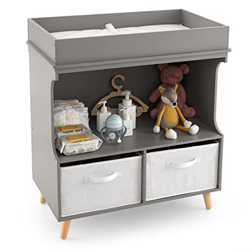 Costzon Baby Changing Table, 2 Drawer Infant Diaper Changing Station With Waterproof Changing Pad, Solid Wood Legs, Changing Table Dresser For Nursery (Gray) #TOP17
