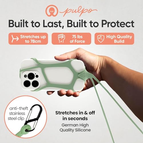 Image of Pulpo Safety Cell Phone Lanyard Green Fits Smartphones 6.1 to 6.8 inch - Anti Theft Phone Strap for Men & Women, Lanyards for Phones, Hiking Phone Holder & Cellphone Lanyard, Silicone Crossbody Straps