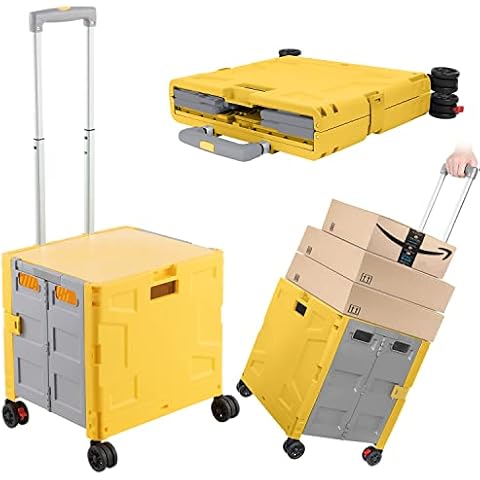 Tools Foldable Shopping Trolley Box with Secure Lid, HEAVY DUTY EXTRA LARGE FOLDING SUPERMARKET GROCERY SHOPPING BOOT CART BOX TROLLEY 50KG Noiseless Rotate Wheel, Portable Trolley Storage Box,Yellow Cover