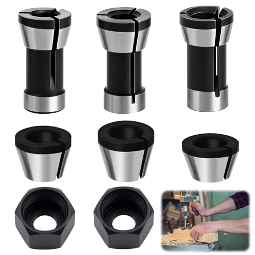 8PCS Mandrin de Serrage en Acier au Carbone Set 6/6.35/8mm, Adaptateurs de Serrage avec 2 Écrous, Pince de routeur Titulaire, Fraiseuse Accessoires pour Travail du Bois, Machine de Gravure