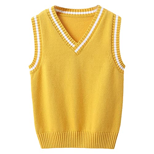 WinChang Kids Boys Girls Solid Sweater Vest V Neck Knitted School Uniform Students Casual Waistcoat Pullover Vest Yellow 9-10 Years