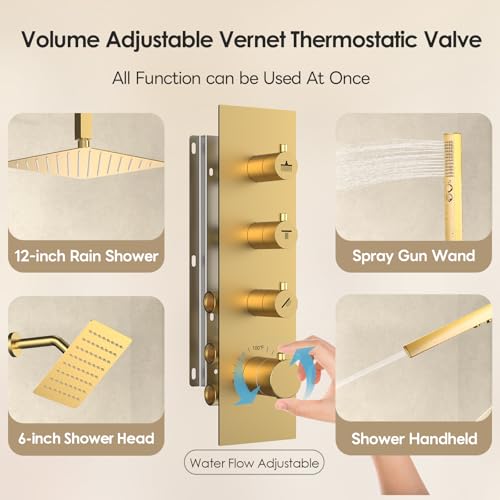 Image of Shower Faucet Set,Thermostatic Shower System Brushed Gold,12 Inch Ceiling Mounted and 6 Inch Wall Mount Rain Shower Head with 2 in 1 Handhled,High Pressure Dual Shower Head Combo Set