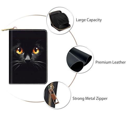 Credit Card Holder Wallets for Women, RFID Blocking Small Leather Card Case Wallet with Zipper Accordion Wallets, Cute Black Cat Face3