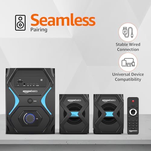 Image of Amazon Basics Wired 4.1 Multimedia Speaker with Remote | 40W RMS | Bluetooth v5.3 | Aux in, USB, Micro TF Card | Compatible with TVs, Smart Phones, Tablets, PCs (Black)