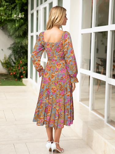 Image of Simplee Womens Long Sleeve Maxi Dress Casual Square Neck Smocked Flowy Fall Wedding Guest Dresses