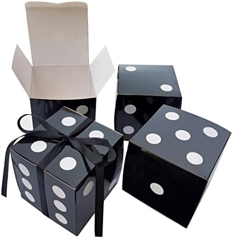 Eylola 24 pack Dice Favor Boxes Black 4x4x4 dice Boxes Bulk Casino Party Decoration Casino Themed Party Goodie Boxes Casino Party Dice Favor Box with Black Ribbon