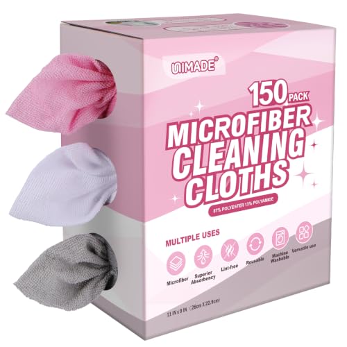 Image of UNIMADE Microfiber Cleaning Cloth, 150 Pack Microfiber Towels for Cars | Reusable Paper Towels Lint Free Shop Rags with Box for Home Kitchen Automotive, 11 inchx 9 inch, White & Grey & Pink