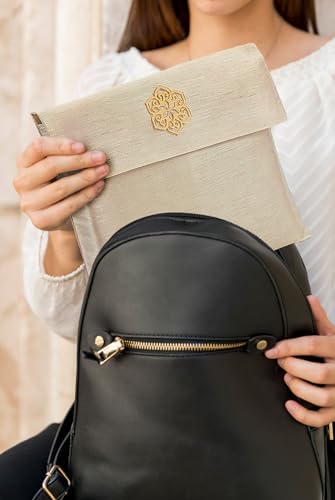 ihvan online Muslim Prayer Rug and Beads with Elegant Slub Fabric Bag | Janamaz | Sajadah | Soft Islamic Prayer Rug | Islamic Gifts | Prayer Carpet Mat, Taffeta Fabric, Ecru - 2