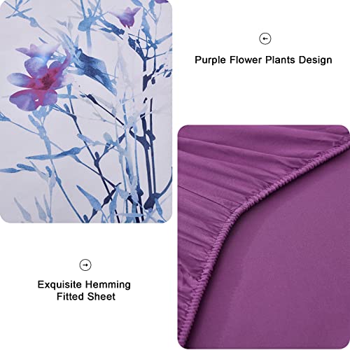Luxudecor Purple Floral Comforter Set Queen Size, 7 Piece Botanical Bed In A Bag, Flower And Branch Pattern Comforter And Sheet Set, Soft Microfiber Complete Bedding Set (Purple, 90"X90") #TOP5