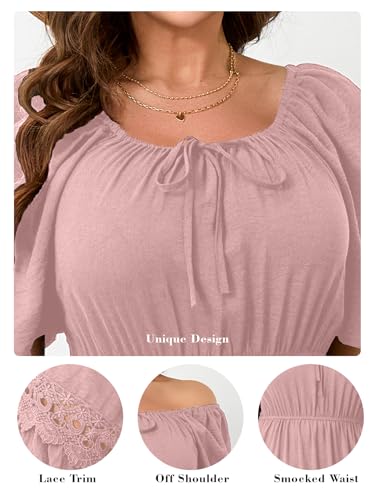 Image of RWJ Women's Plus Size Maxi Dress Short Sleeve Square Neck Flowy A-Line Lace Trim Flutter Party Casual Off Shoulder Dresses