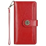 Lavemi Womens Genuine Leather Large Capacity RFID Blocking Wallets Clutch Card Holder With Wristlet Strap(2-Red)