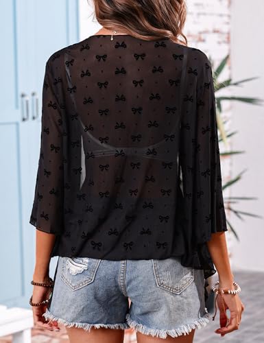 Image of Totatuit Women's Short Cardigan Bolero Sheer Shrug Tie Open Front Bell Sleeve Summer Cropped Bolero Cardigan