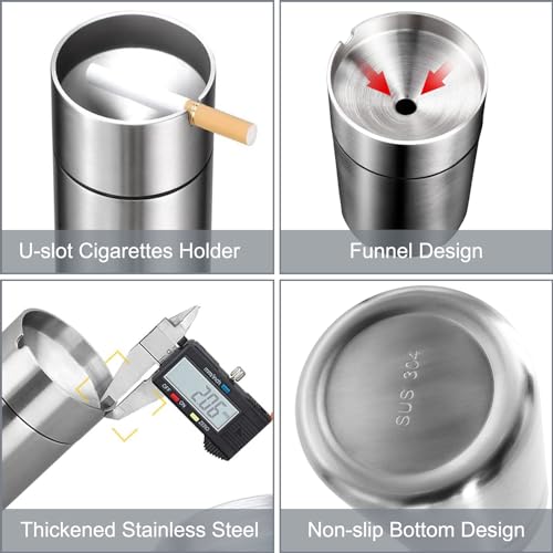 HONZUEN Aschenbecher mit Deckel, Windaschenbecher Edelstahl fur Draußen Tragbarer Rauchloser Sturmaschenbecher Tischaschenbecher Smokeless Ashtray Außenaschenbecher für Garten Draußen Auto, Silber