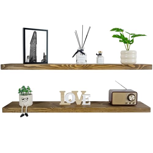 BGMG Wood Floating Shelves for Wall 42 inch Set of 2 Dark Walnut Floating Shelves Solid Wood Wall Mount Shelves for Bathroom Living Room Bedroom Kitchen Farmhouse -42x 6.7 x1.25 inch