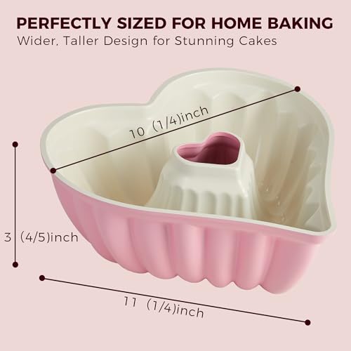 HONGBAKE Heart Shaped Cake Pan, Cast Aluminum Pound Cake Pan with Non-Toxic Ceramic Coating, Nonstick Fluted Cake Mold for Baking, Valentine\'s Day & Special Occasions,10-Inch, Pink