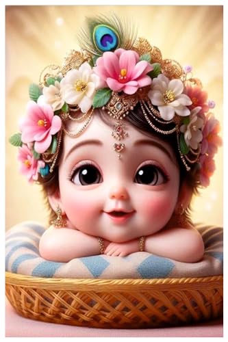 Image of Akki Wold Little Kanha In Basket Wall Poster Living Room, Office, Pooja Room (Size - 46CM X 30CM)