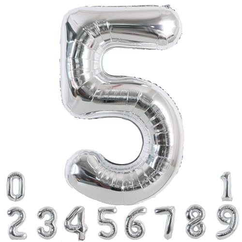 Image of TONIFUL 40 Inch Silver Number 5 Balloon Large Foil 5th Birthday Decorations | Silver 5 Balloon Number Five for 5th 25th 50th Birthday 5 Year Anniversary, Silver Birthday Decor for Men Women Boys Girls