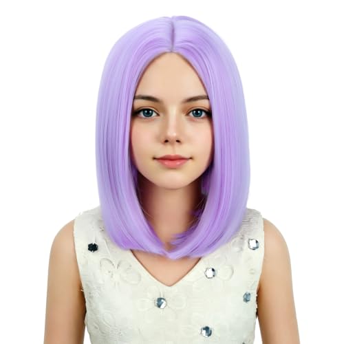 Image of Kids Purple Wig Girls Pale Purple Bob Wig Child Short Bob Wig Middle Part Wig for Kids Synthetic Wigs with Wig Cap