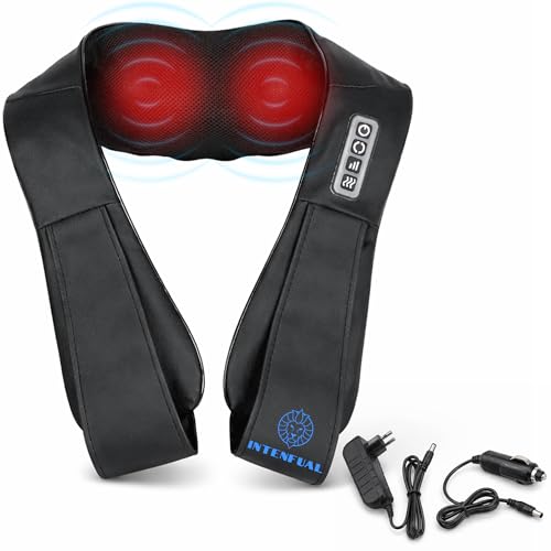 Masajeador Cervical y Espalda Shiatsu con Calor, Masajeador de Cuello, Hombros y Lumbar con 2 Nodos Rotatorios y 4 Cabezales, 3 Intensidades, Masaje Profundo 3D, Uso en Casa y Coche (No Inalámbrico)