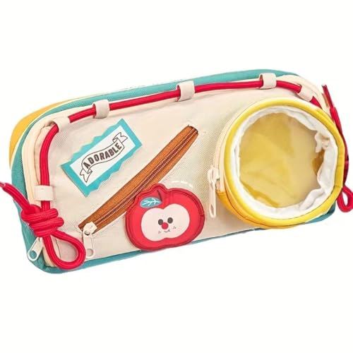 Image of Canvas School Bag Pencil Case, 3 Layer 6 Compartment Large Capacity, Aesthetic Pencil Pouch for Stationary, Cute Stationery for Kids, Pencil Case for Girls & Boys (Apple red Dori)