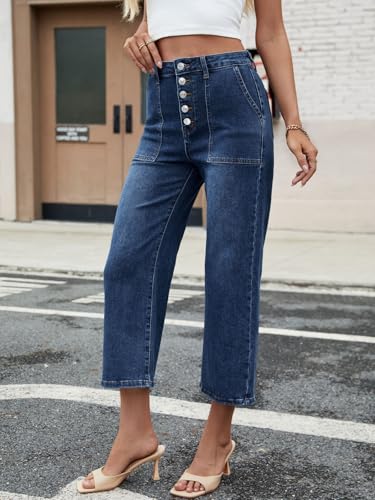 Genleck Women's Wide Leg Jeans – Cropped High Waisted Petite Trendy Jeans Button Stretchy Capri Baggy Loose Fit Denim Pants3