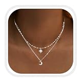 CCAIPU Silber Mehrlagen Kette für Damen, Mond Stern Kreuz Halskette Doppelte Halsketten Ketten Funkelnder Schmuck für Damen und Mädchen