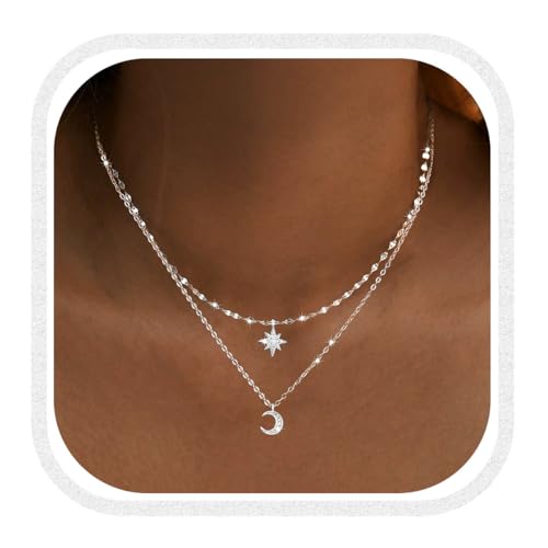 CCAIPU Silver Layered Necklace for Women, Moon Star Cross Necklace Double Necklaces Chain Sparkling Jewelry for Ladies Girls (Silver-B)
