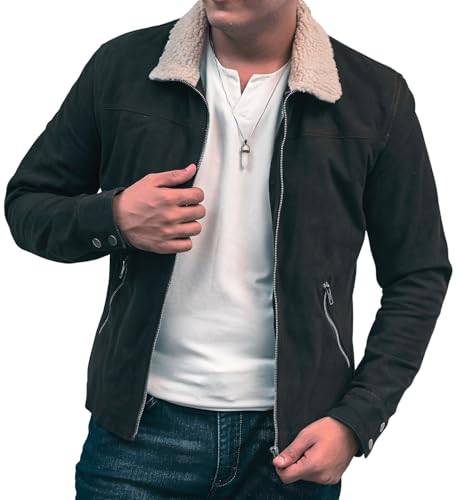 Image of Hide & Seek Men's Vintage Suede Leather Rugged Motorcycle Shirt Survival Iconic Fur Collar Season 5 Inspired Leather Jacket