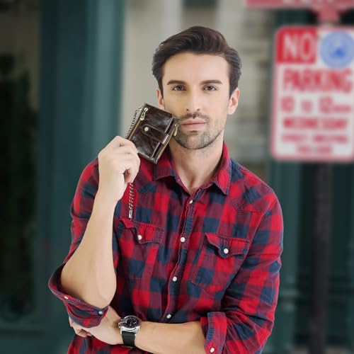 Contacts Chain Wallet for Men Anti-Theft Biker Wallet Crazy Horse Leather Bifold Purse Mens Brown Zipper Coin Holder RFID Blocking2