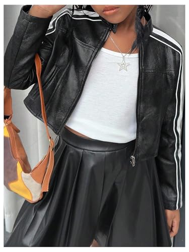 MakeMeChic Girl's Striped PU Leather Zip Up Jacket Long Sleeve Mock Neck Streetwear Y2K Coats4