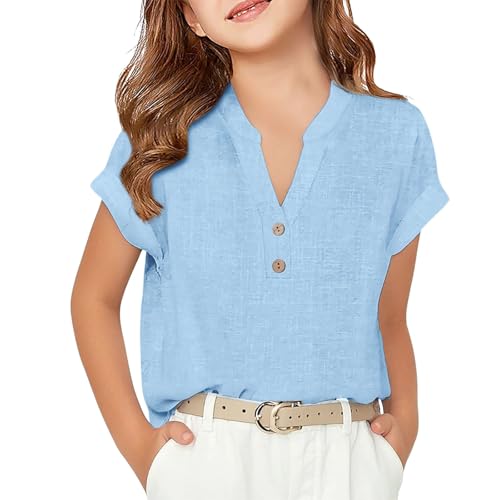 Girls Button Down Shirts Short Sleeve Kids Casual Chiffon Blouse Summer Top T-Shirt 2025 Summer Beach Tops3