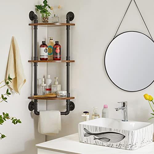 Ibuyke 3-Tier Corner Pipe Shelves, Bathroom Shelves Wall Mounted Pipe Corner Shelf, Corner Shelf With Pipe Towel Bar, Living Room, Kitchen, Bedroom, Study Room, Rustic Brown Rf-Tm031 #TOP4