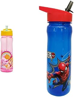 Paw Patrol Water Bottle Flip Up Straw 600ml  Official UK Merchandise by Polar Gear  Pink & Yellow & MARVEL 1325 1698 Spider-Man Hero Reusable Water Bottle, polypropylene, Blue and red, 600ml