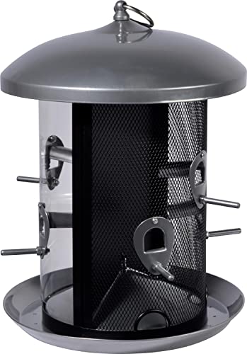 dobar® XXL Futtersäule Ganzjahresfütterung hängend - Vogelfutterspender mit Dual-Silo - Futterstation aus Metall zum Hängen - Vogelfuttersäule Sämereien/Nüsse - 20 x 20 x 32 cm - Grau