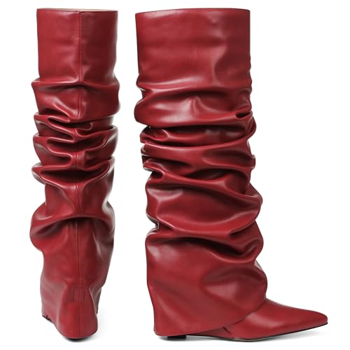 Image of Oiamenne Women's Fold Over Boots Slouch Wide Calf Knee High Boots | 3.15 inch Wedge Heel, Pointed Toe Tall Boots, Pull-on, Faux Leather Boots for Party Daily Wear